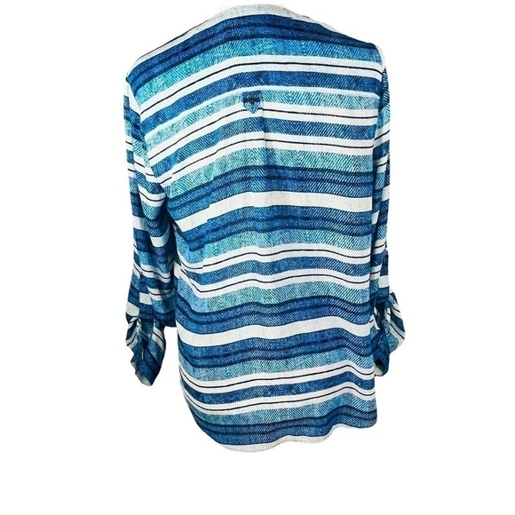 Zac & Rachel Blue Stripe Geometric Long sleeve Blouse Tulip Hem Sz M - Picture 3 of 13